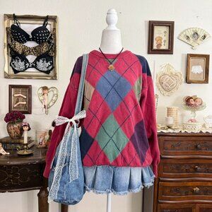 Preppy grunge funky quirky argyle plaid cozy grandpa sweater